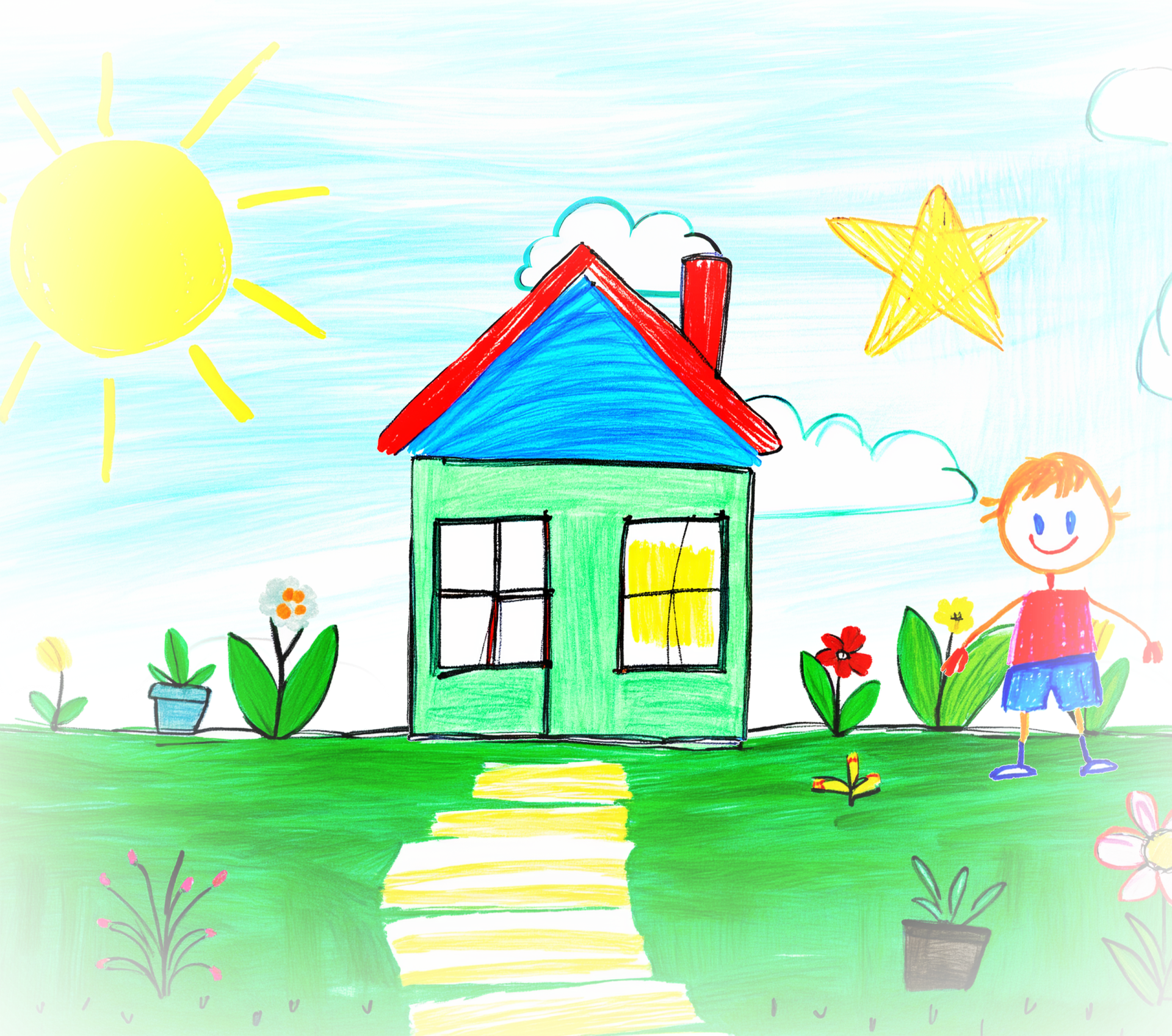 Dessin enfant maison jardin ciel sq